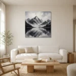 Fog Veiled Mountain Lake Monochrome Wall Art Canvas Print styled in a refined neutral interior
