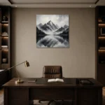 Fog Veiled Mountain Lake Monochrome Wall Art Canvas Print displayed in a contemporary gallery-inspired room