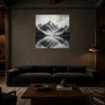 Fog Veiled Mountain Lake Monochrome Wall Art Canvas Print shown in a warm modern interior