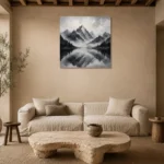 Fog Veiled Mountain Lake Monochrome Wall Art Canvas Print presented in a sophisticated home setting