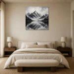Fog Veiled Mountain Lake Monochrome Wall Art Canvas Print showcased in an elegant minimalist interior