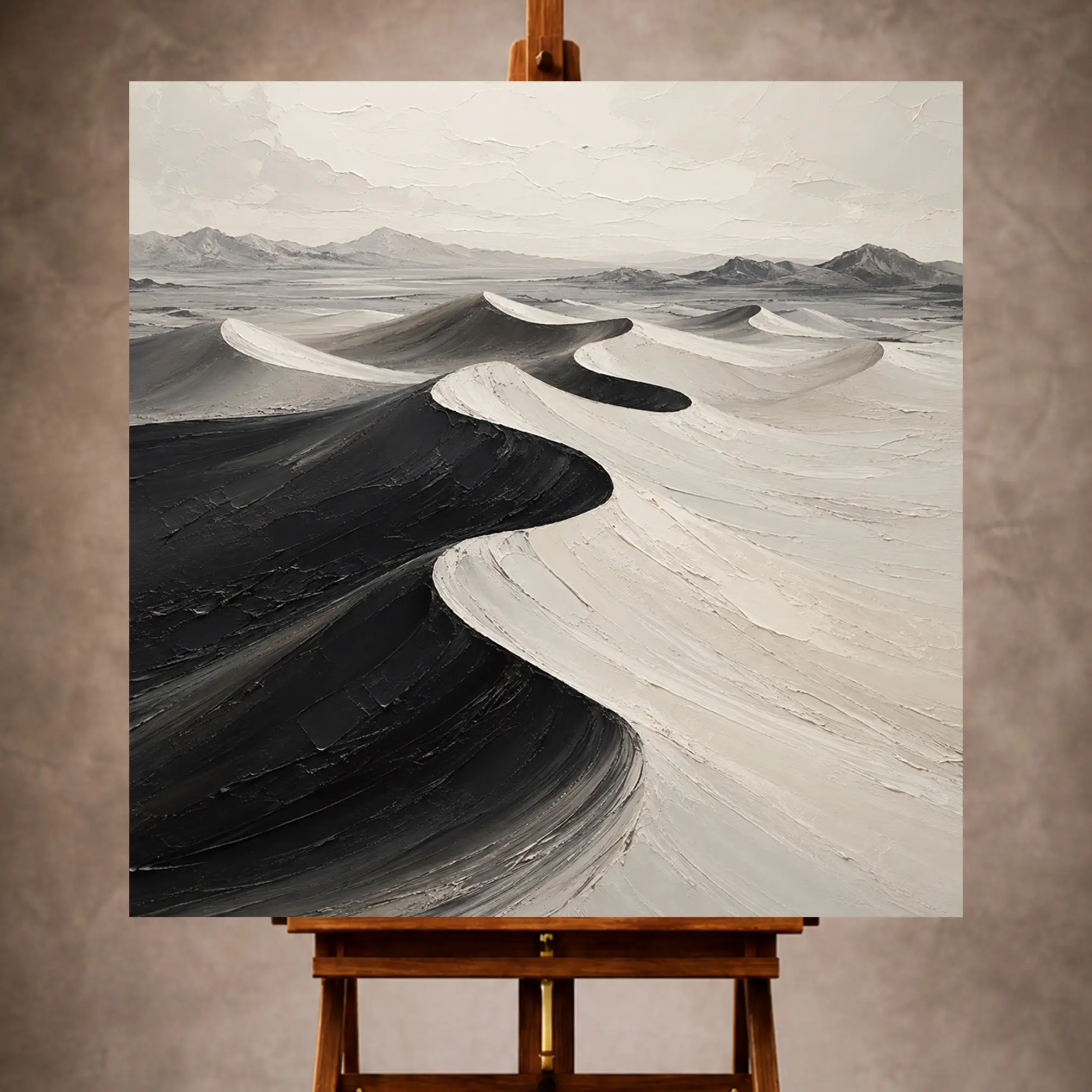 Premium Wall Art Kare Html Edition – Monocrome047 Image 1 Charcoal Monochrome Wall Art print featuring sculptural sand dunes and a distant horizon for elegant interiors