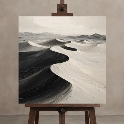 Sculptural Desert Dunes Monochrome Wall Art Canvas Print displayed on a studio easel