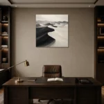 Sculptural Desert Dunes Monochrome Wall Art Canvas Print displayed in a contemporary gallery-inspired room