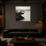 Sculptural Desert Dunes Monochrome Wall Art Canvas Print shown in a warm modern interior
