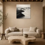 Sculptural Desert Dunes Monochrome Wall Art Canvas Print presented in a sophisticated home setting