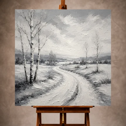 Peaceful Monochrome Wall Art print featuring a snow-covered trail and sparse birch trees beneath an expansive sky for elegant interiors