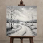Peaceful Winter Path Monochrome Wall Art Canvas Print displayed on a studio easel