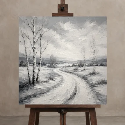 Peaceful Winter Path Monochrome Wall Art Canvas Print displayed on a studio easel