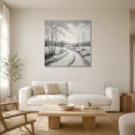 Peaceful Winter Path Monochrome Wall Art Canvas Print styled in a refined neutral interior