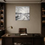 Peaceful Winter Path Monochrome Wall Art Canvas Print displayed in a contemporary gallery-inspired room