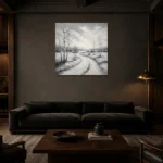 Peaceful Winter Path Monochrome Wall Art Canvas Print shown in a warm modern interior