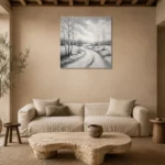Peaceful Winter Path Monochrome Wall Art Canvas Print presented in a sophisticated home setting