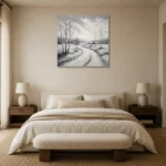 Peaceful Winter Path Monochrome Wall Art Canvas Print showcased in an elegant minimalist interior