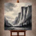 Dramatic Monochrome Wall Art print featuring towering granite cliffs above a quiet valley for elegant interiors
