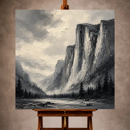 Dramatic Monochrome Wall Art print featuring towering granite cliffs above a quiet valley for elegant interiors