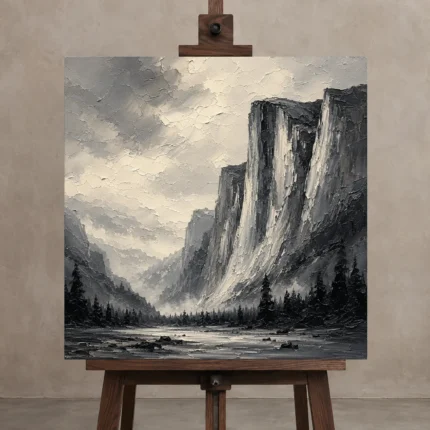 Granite Valley Monochrome Wall Art Canvas Print shown in Studio Easel