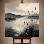 Serene Monochrome Wall Art print featuring a peaceful marshland with reeds and reflective water for elegant interiors