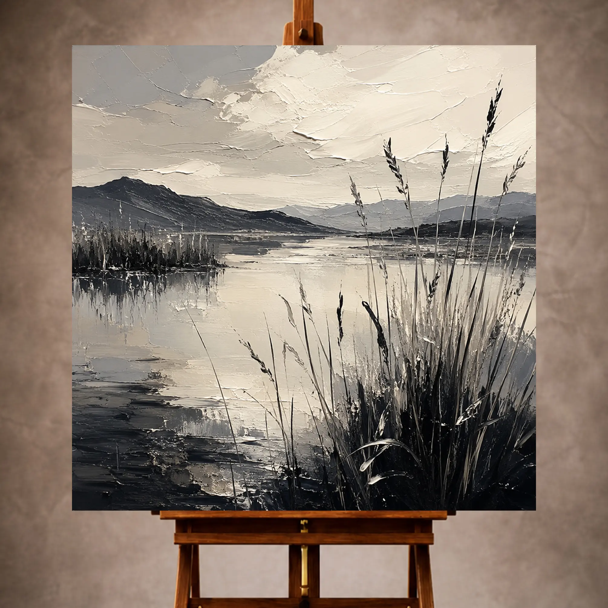 Premium Wall Art Kare Html Edition – Monocrome050 Image 1 Serene Monochrome Wall Art print featuring a peaceful marshland with reeds and reflective water for elegant interiors