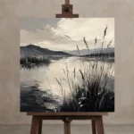 Peaceful Marshland Monochrome Wall Art Canvas Print displayed on a studio easel