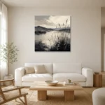 Peaceful Marshland Monochrome Wall Art Canvas Print styled in a refined neutral interior