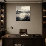 Peaceful Marshland Monochrome Wall Art Canvas Print displayed in a contemporary gallery-inspired room