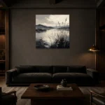 Peaceful Marshland Monochrome Wall Art Canvas Print shown in a warm modern interior