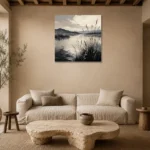 Peaceful Marshland Monochrome Wall Art Canvas Print presented in a sophisticated home setting