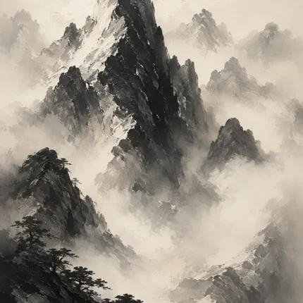 Mist-Covered Mountain Ink Wash Wall Art Canvas Print