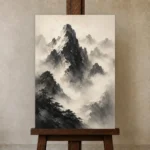 Mist-Covered Mountain Ink Wash Wall Art Canvas Print displayed on a studio easel