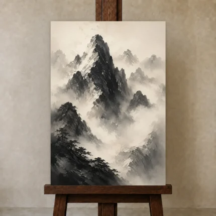 Mist-Covered Mountain Ink Wash Wall Art Canvas Print shown in Studio Easel