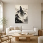 Mist-Covered Mountain Ink Wash Wall Art Canvas Print styled in a refined neutral interior