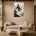 Mist-Covered Mountain Ink Wash Wall Art Canvas Print presented in a sophisticated home setting