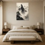 Mist-Covered Mountain Ink Wash Wall Art Canvas Print showcased in an elegant minimalist interior