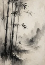 Misty Bamboo Grove Ink Wash Wall Art Canvas Print