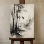 Misty Bamboo Grove Ink Wash Wall Art Canvas Print displayed on a studio easel