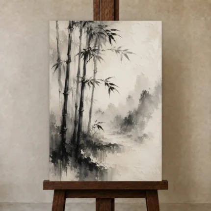 Misty Bamboo Grove Ink Wash Wall Art Canvas Print shown in Studio Easel