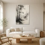 Misty Bamboo Grove Ink Wash Wall Art Canvas Print styled in a refined neutral interior