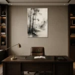Misty Bamboo Grove Ink Wash Wall Art Canvas Print displayed in a contemporary gallery-inspired room