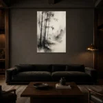Misty Bamboo Grove Ink Wash Wall Art Canvas Print shown in a warm modern interior
