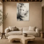Misty Bamboo Grove Ink Wash Wall Art Canvas Print presented in a sophisticated home setting