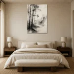 Misty Bamboo Grove Ink Wash Wall Art Canvas Print showcased in an elegant minimalist interior