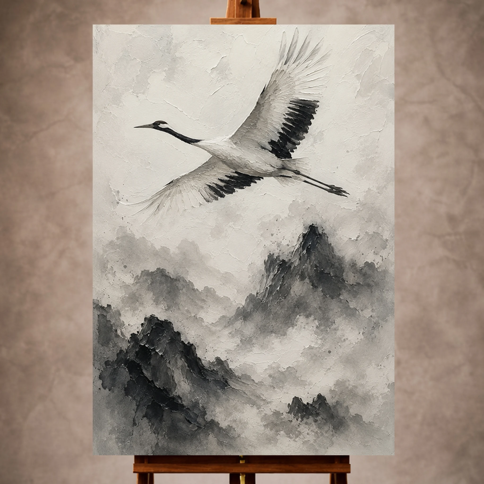 Zen Crane and Mountain Fog Ink Wash Wall Art Canvas Print Image 1 Zen Crane and Mountain Fog Ink Wash Wall Art Canvas Print - Image 1