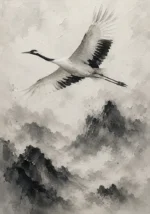 Zen Crane and Mountain Fog Ink Wash Wall Art Canvas Print
