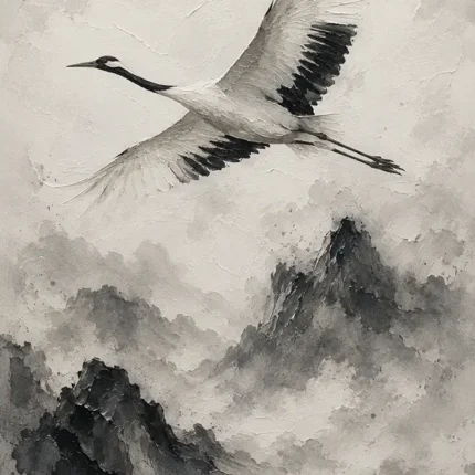 Zen Crane and Mountain Fog Ink Wash Wall Art Canvas Print
