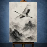 Zen Crane and Mountain Fog Ink Wash Wall Art Canvas Print - Image 2