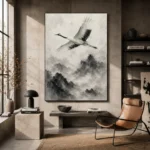 Zen Crane and Mountain Fog Ink Wash Wall Art Canvas Print - Image 3