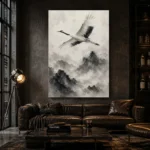Zen Crane and Mountain Fog Ink Wash Wall Art Canvas Print - Image 4
