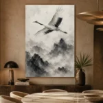 Zen Crane and Mountain Fog Ink Wash Wall Art Canvas Print - Image 5