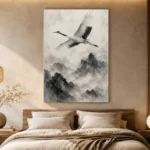 Zen Crane and Mountain Fog Ink Wash Wall Art Canvas Print - Image 6